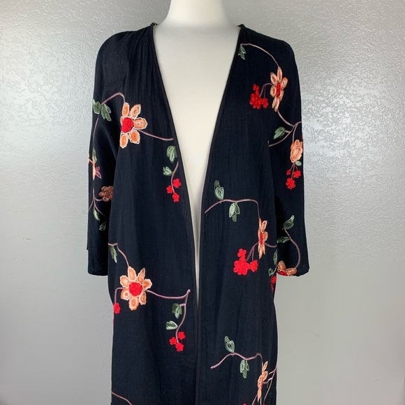 Umgee Black Gorgeous Embroidered Floral Fringed Cardigan Fringe is 2022 Trend - Picture 3 of 16